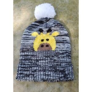 Fuzzy giraffe pompom hat black gray marl one size